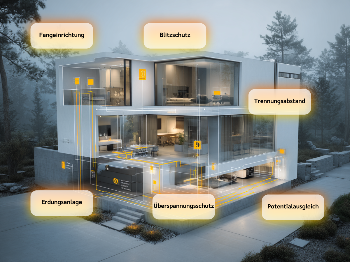 Modernes Gebäude mit eingezeichnetem Blitzschutzsystem